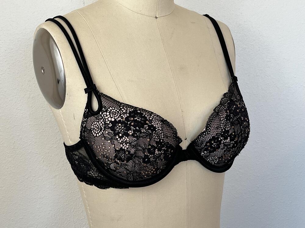 Rare Sexy Little Things Rhinestone Bra 34A Victoria's Secret Black Lace Y2K